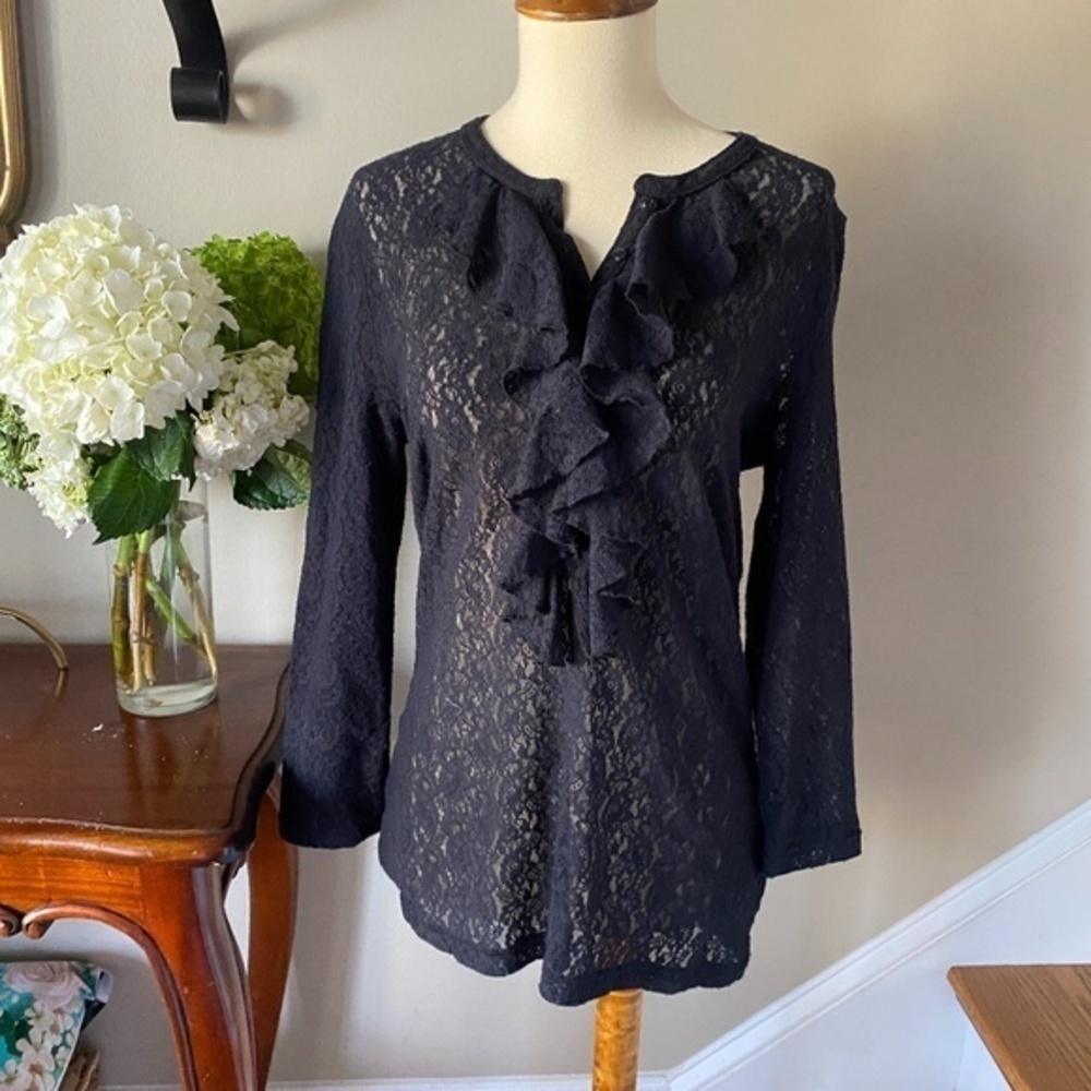 Ralph Lauren Black Stretch Lace Ruffle Top M - Picture 3 of 6